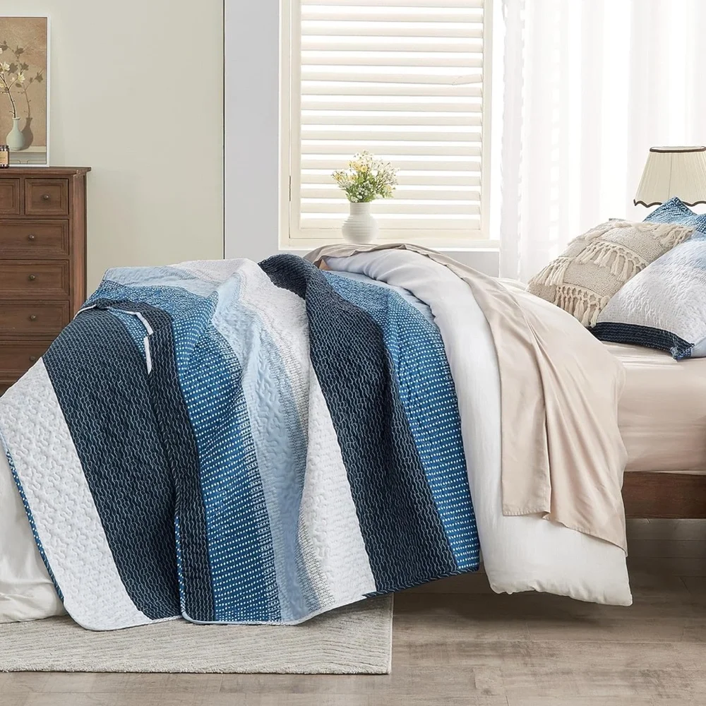 Navy Blue Striped Quilt Queen, 3 Pieces Coverlet Set New